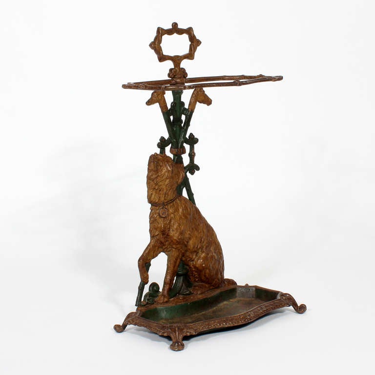 English Cast Iron Terrier Dog Umbrella Stand in Old Paint