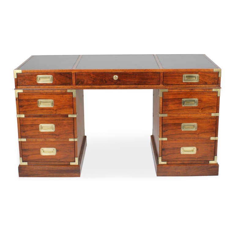 A 3 part mahogany campaign desk by Baker. Great proportions and a lovely design, brass campaign hardware compliment the look. 

Looking for campaign chest, desks and more? 
Visit our professional website at: fshenemaderantiques.com

Every piece
