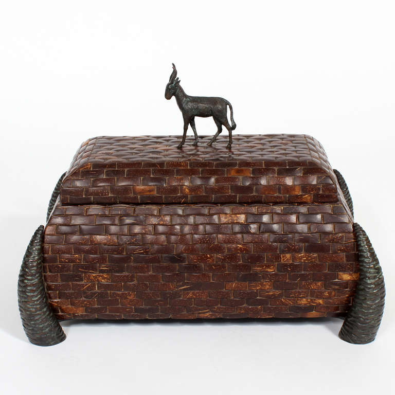 Organic Modern Maitland-Smith Coconut Box with Bronze Goat Figure and Horn Feet