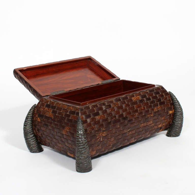 Maitland-Smith Coconut Box with Bronze Goat Figure and Horn Feet 2