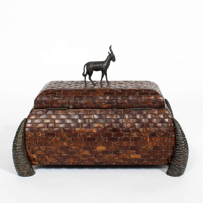 Philippine Maitland-Smith Coconut Box with Bronze Goat Figure and Horn Feet