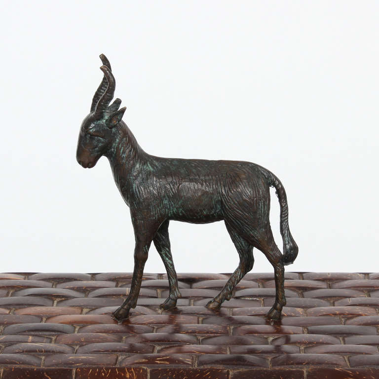 Maitland-Smith Coconut Box with Bronze Goat Figure and Horn Feet In Excellent Condition In Palm Beach, FL