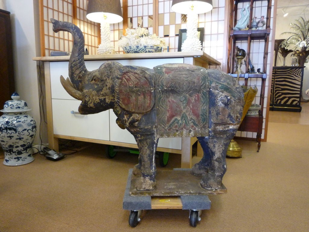 Folk Art Pair of Large Carved and Painted Elephants