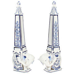 Pair of Blue and White Porcelain Elephant Obelisks