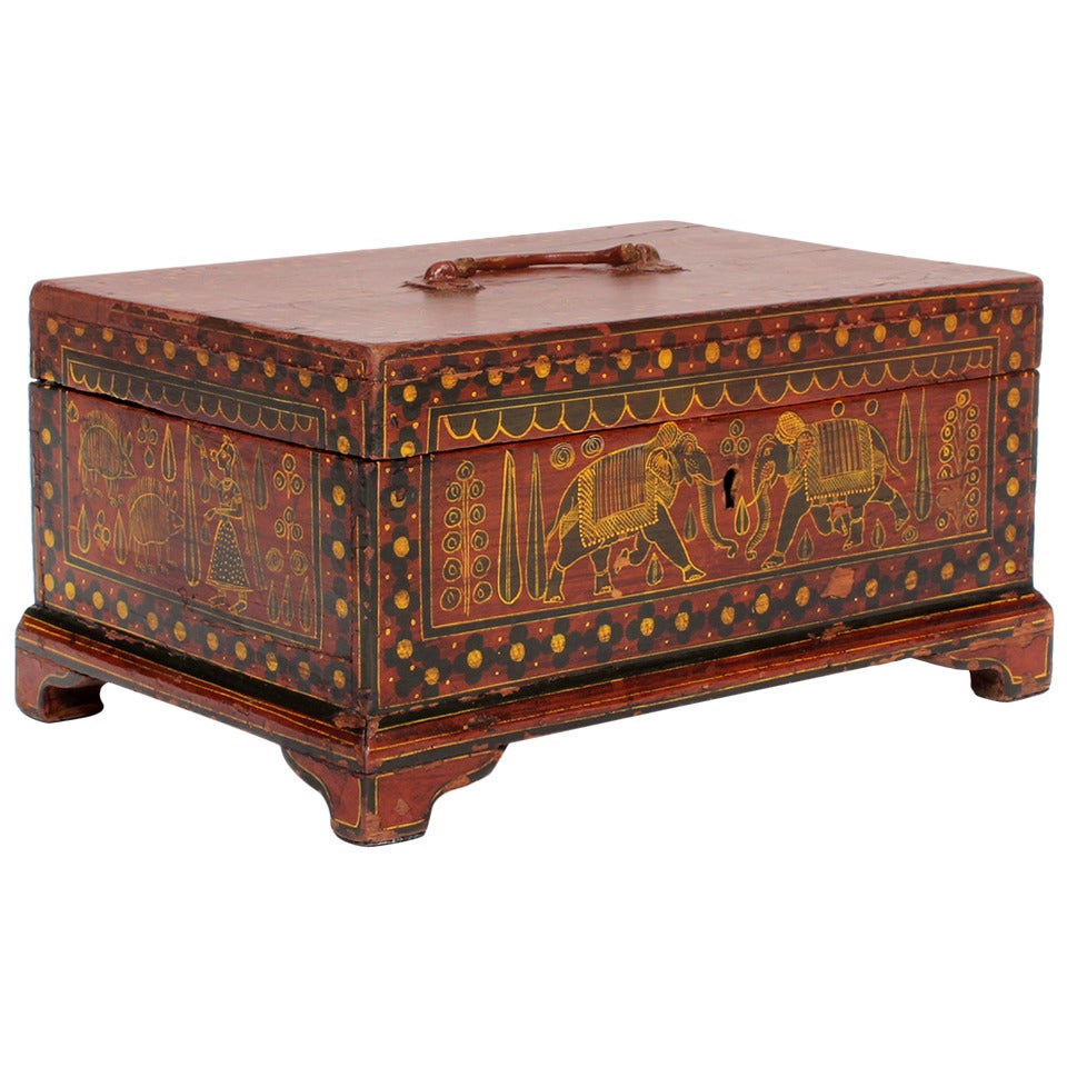 Painted Decorated Anglo Indian Box with Elephants For Sale