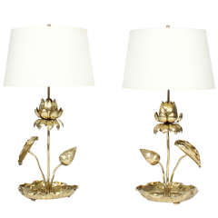 Vintage Pair of Stunning Brass Lotus Table Lamps