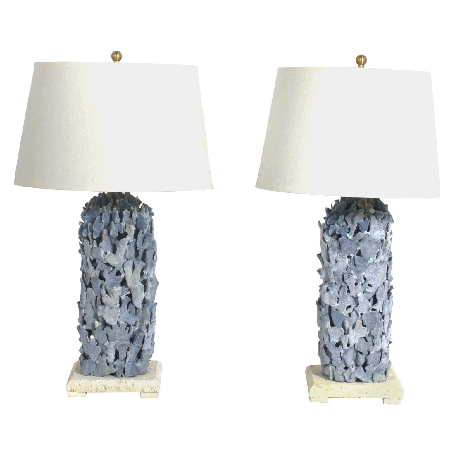 Pair of Blue Coral Lamps on Coquina Stone Bases