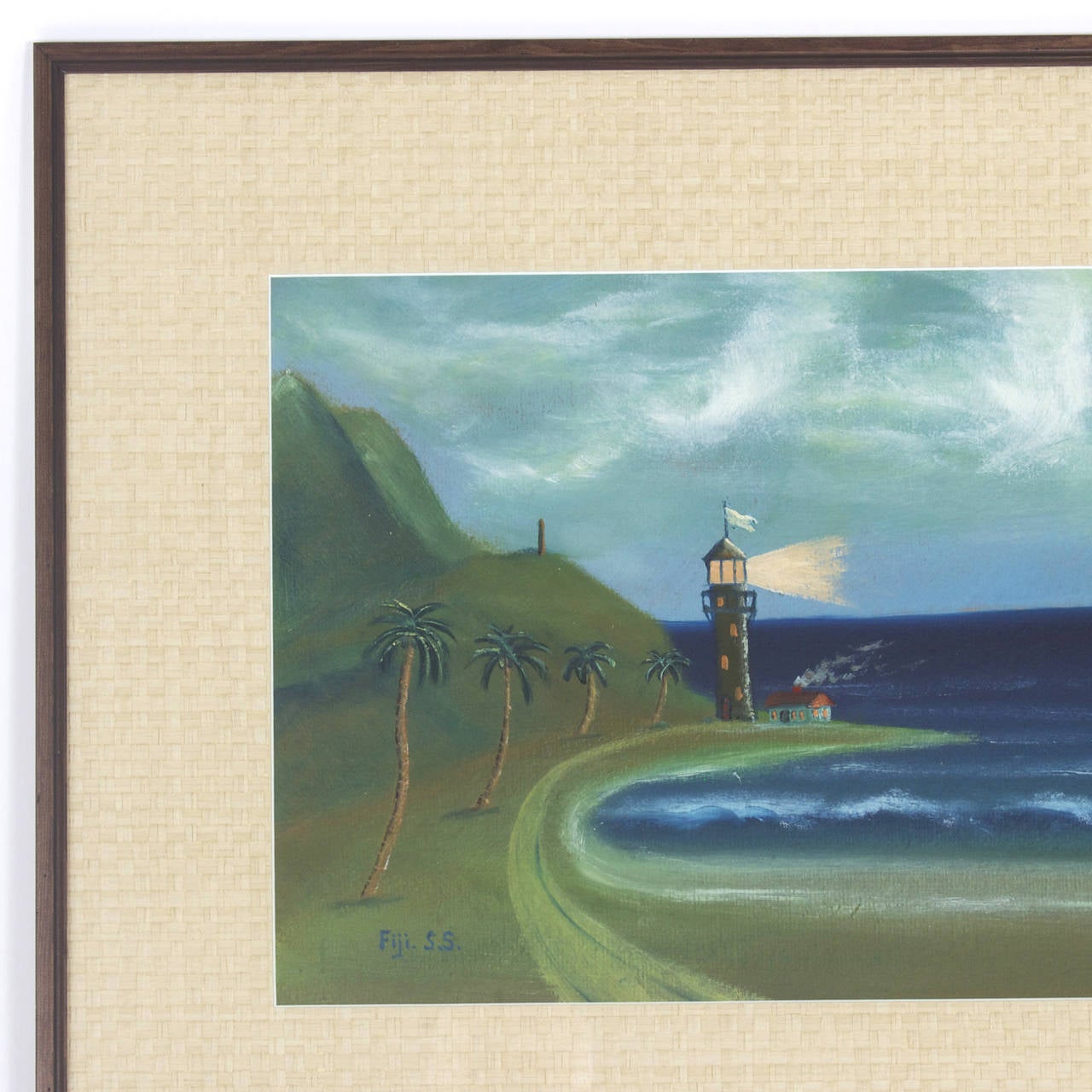 Charming tropical watercolor painting of a tropical bay complete with palm trees, a passing steamship, natives tending a fire and a light house. All this under a wispy sky captured by moonlight. Signed J. A. Andrews 9/22/26 in the lower right and