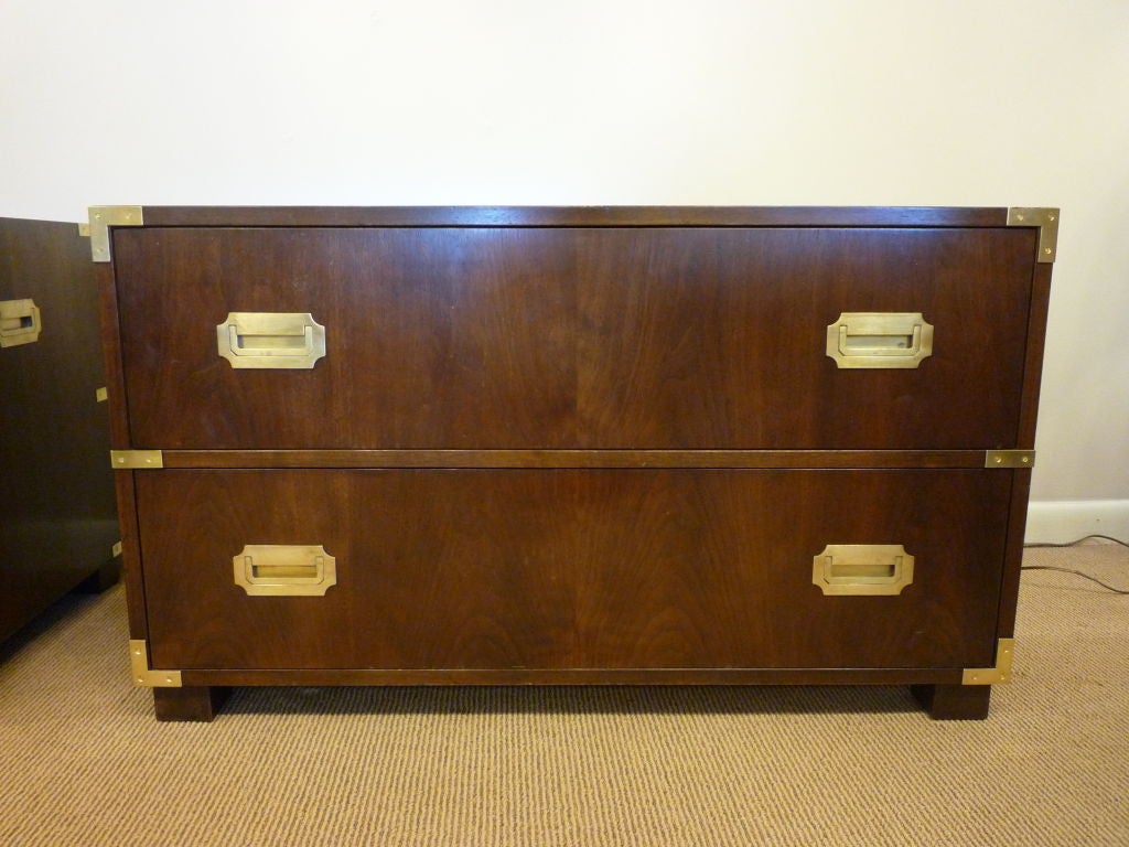 A pair of excellent quality Baker mahogany campaign style chests or tables. Great hardware.<br />
<br />
Please visit our website at www.fshenemaderantiques.com .