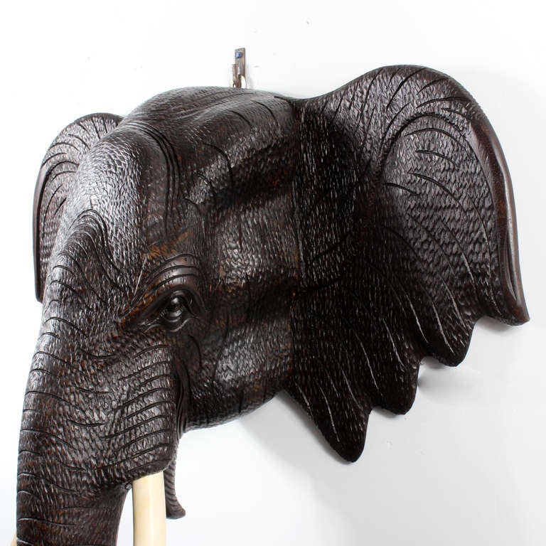 Pair of Huge Carved Wall Mounted Elephant Heads 2
