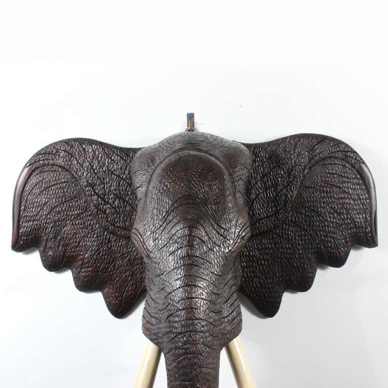 20th Century Pair of Huge Carved Wall Mounted Elephant Heads