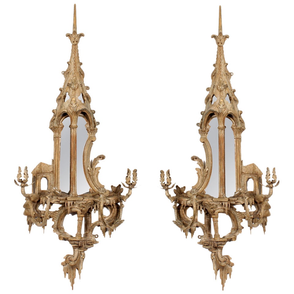Pair of Neoclassical Chinoiserie Style Carved and Painted Mirrored Wall Sconces