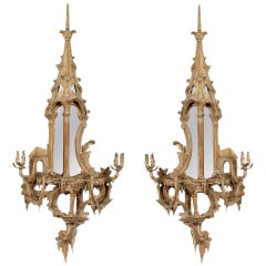 Pair of Neoclassical Chinoiserie Style Carved and Painted Mirrored Wall Sconces