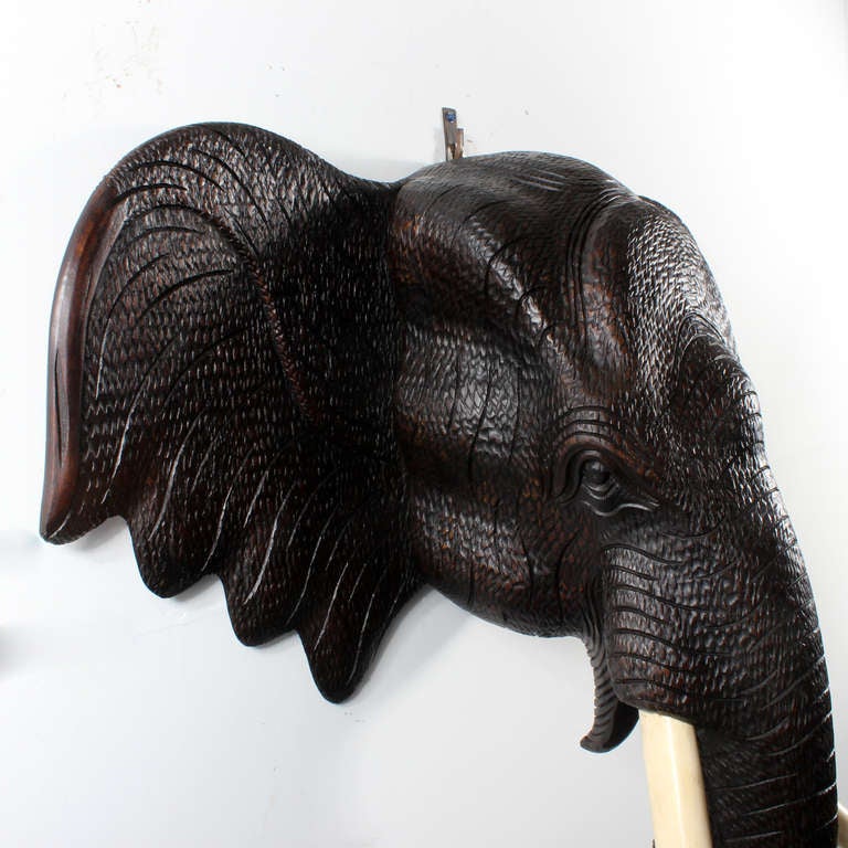 Pair of Huge Carved Wall Mounted Elephant Heads 1