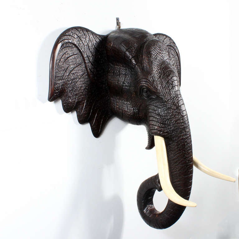 Thai Pair of Huge Carved Wall Mounted Elephant Heads