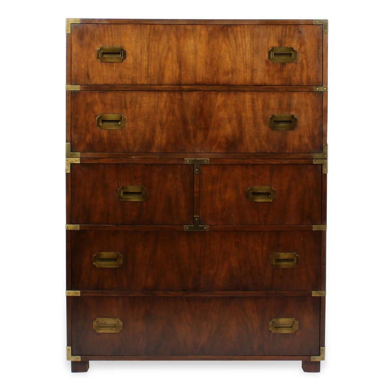 A rare unusual 6 drawer Baker 2 part campaign chest, in mahogany, with brass carrying handles on the upper case, inset campaign pulls and block feet. 

Every piece in our inventory is evaluated for condition and functionality, and when necessary