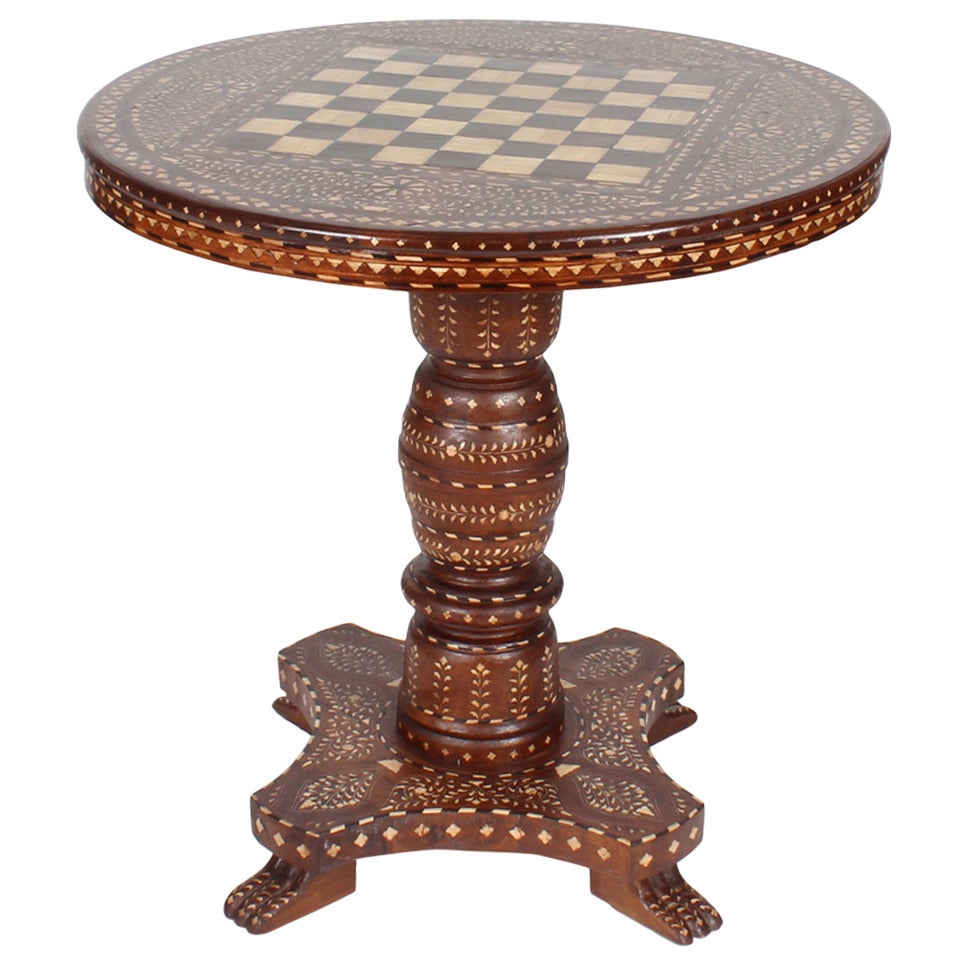 Large Round Inlaid Syrian Table with Checkerboard Top