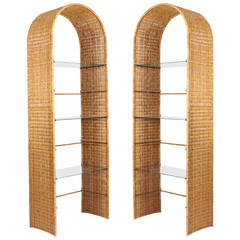 Pair of Tall Mid-20th Century Woven Wicker Bookcases or Etagere