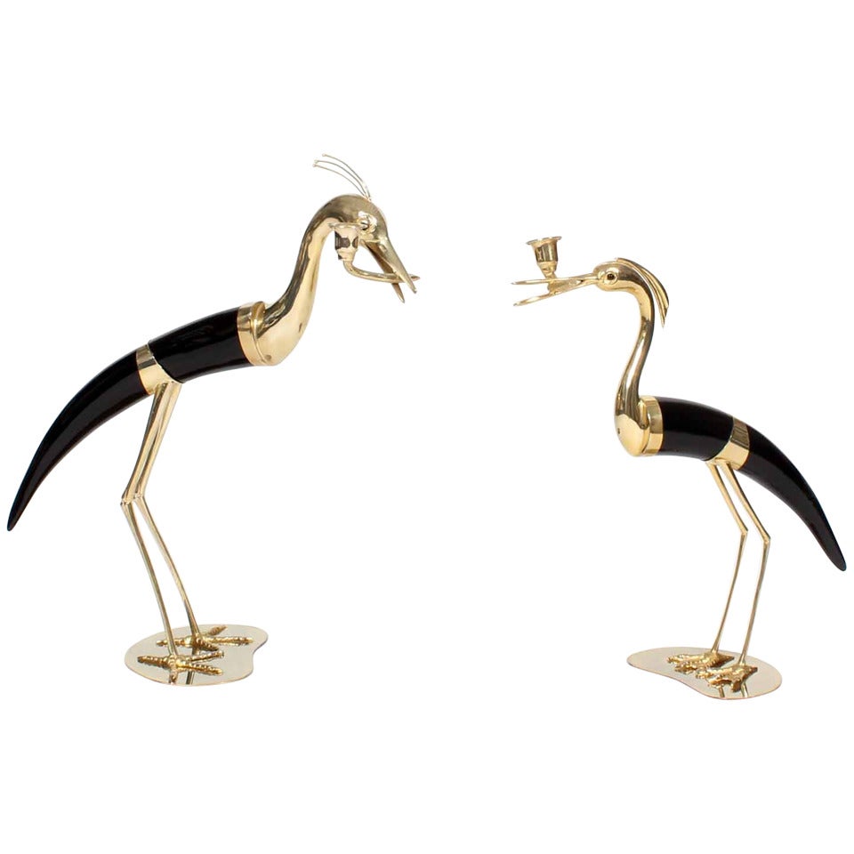 Pair of Faux Horn and Metal Heron Form Candlesticks For Sale