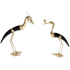 Pair of Faux Horn and Metal Heron Form Candlesticks