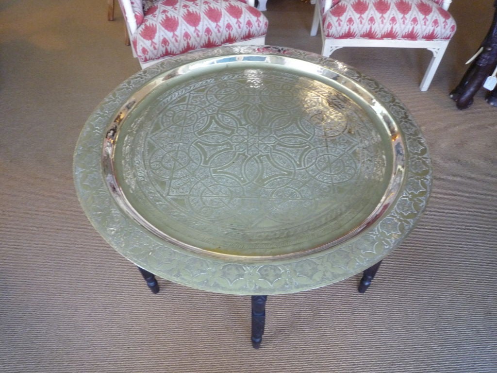 Indian Large Hand Etched Silver Plated Tray on Collapsible Table Base