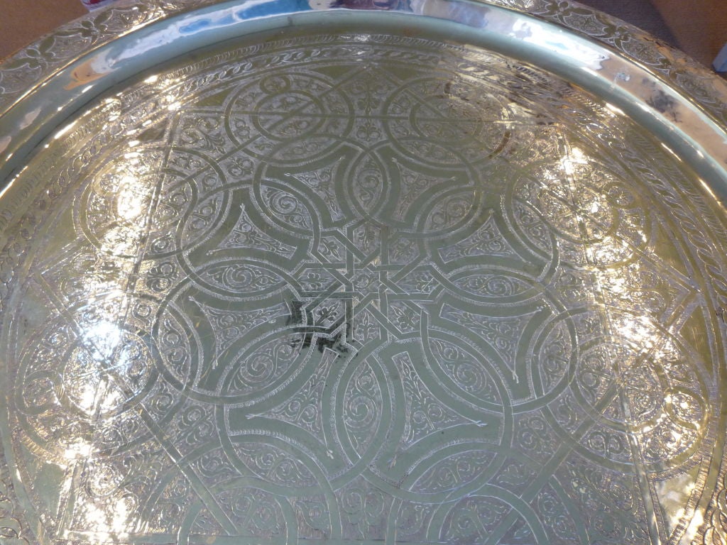 Large Hand Etched Silver Plated Tray on Collapsible Table Base 1