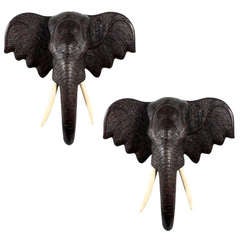 Pair of Huge Carved Wall Mounted Elephant Heads