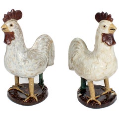 Pair of French Country Terra Cotta Folk Art Pottery Roosters