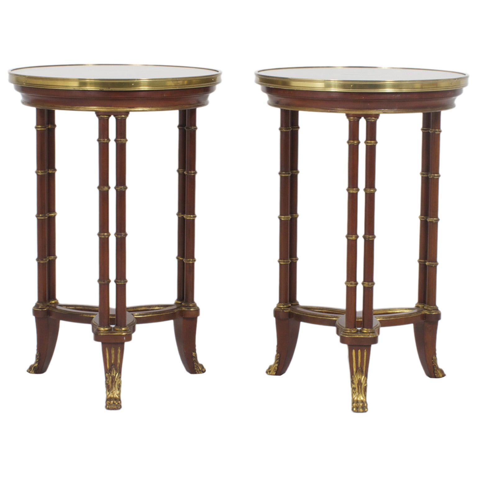 Pair of Round Faux Bamboo with Brass Accents Tables