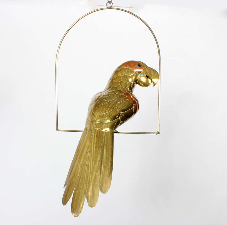 Mid Century Parrot Sculpture on a Swing In Excellent Condition In Palm Beach, FL