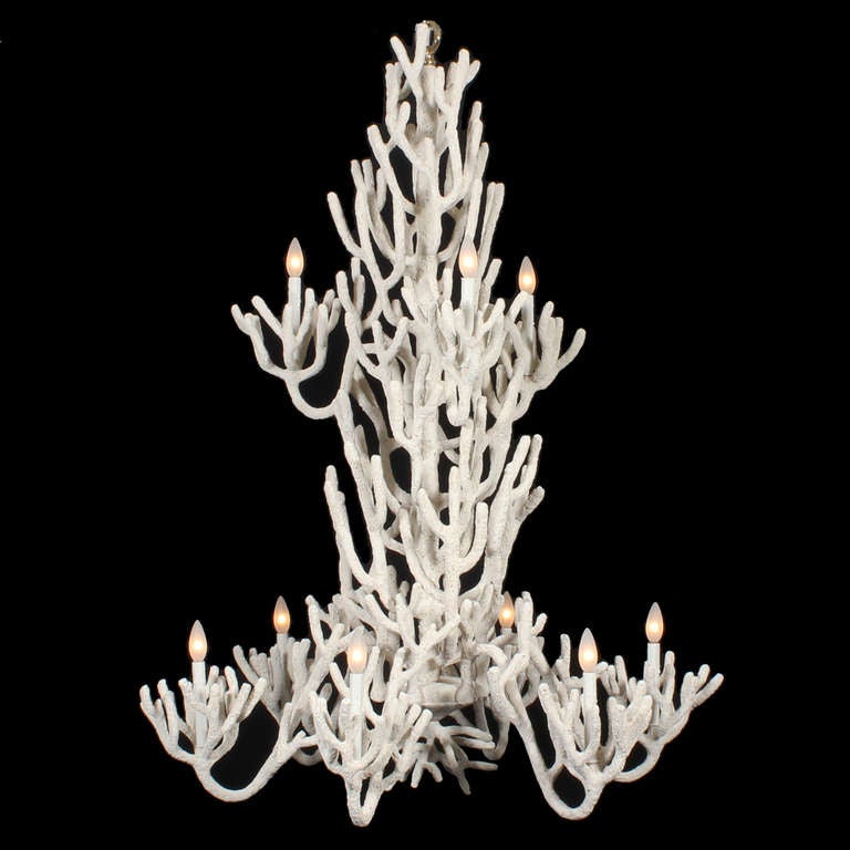 A very large two tier chandelier with 9 arms, 6 on the lower tier and 3 on the upper tier. Fabulous custom design, hand made and sculptured in the extreme.  Hand cut and hand welded copper covered with a hand sculpted faux coral surface.  Beautiful
