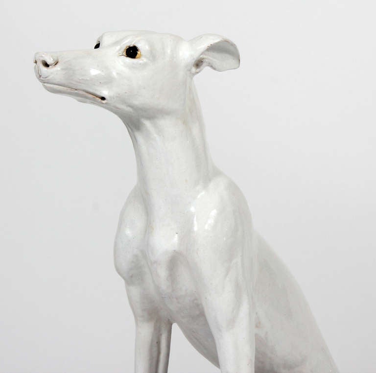 Early 20th C. Large Faience or Majolica Whippet or Greyhound Dog on Pillow In Excellent Condition In Palm Beach, FL