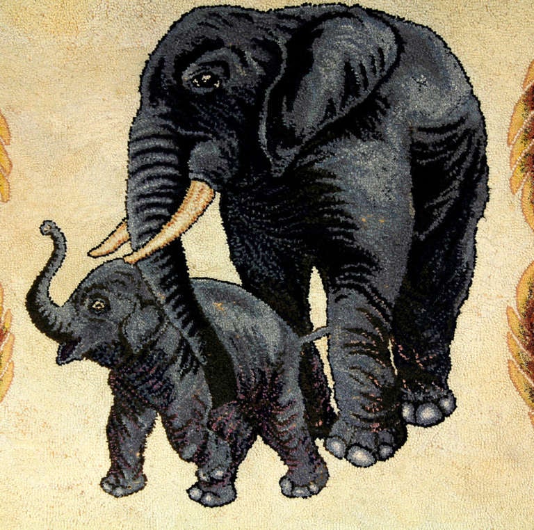 HandHooked Elephant and Baby Rug, circa 1950 For Sale at 1stdibs