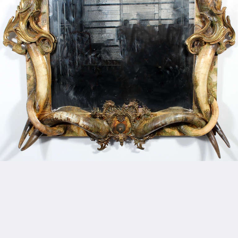 Baroque Large and Exotic Rustic and Ormolu-Mounted Horn Mirror