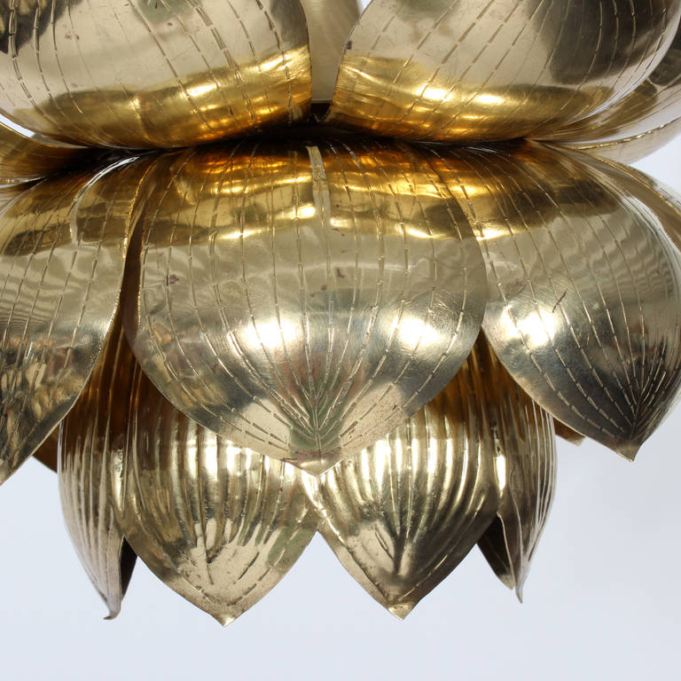 Late 20th Century Three Brass Pendant Lotus Lights