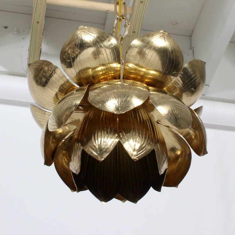 Three Brass Pendant Lotus Lights In Excellent Condition In Palm Beach, FL