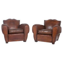 Antique Pair of French Leather Club Chairs