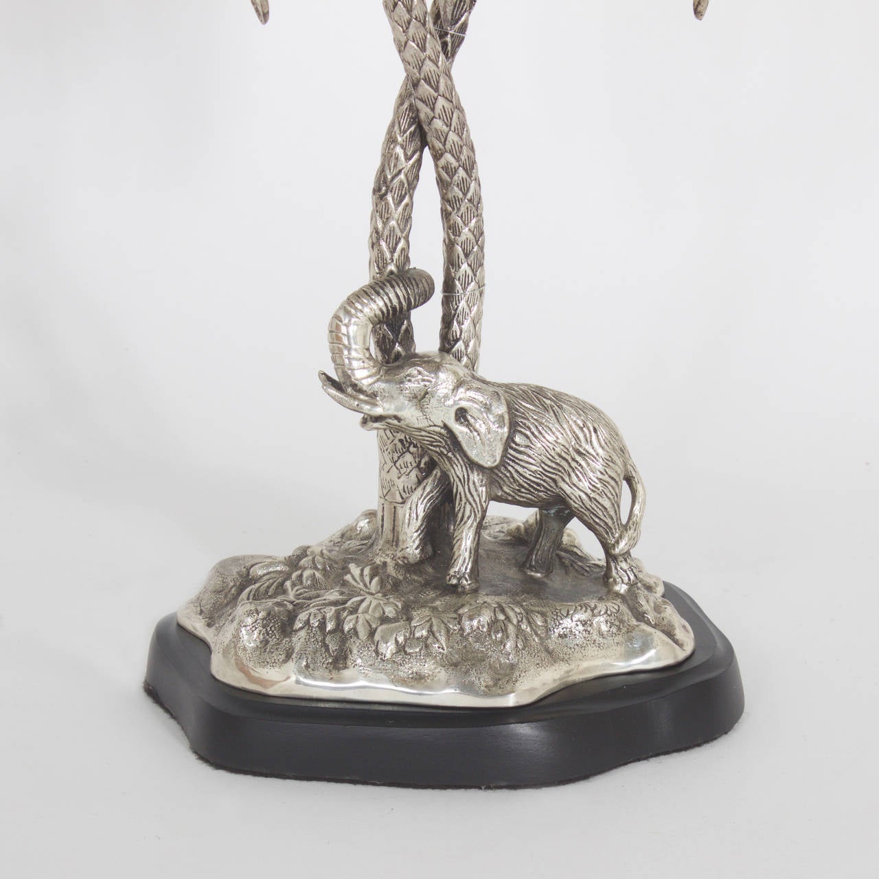 English Pair of Silvered Metal Palm Tree Lamps with Camel and Elephant