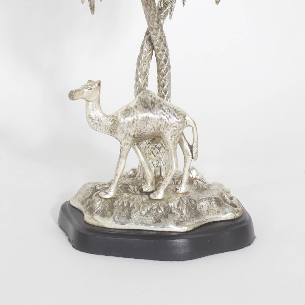 Pair of Silvered Metal Palm Tree Lamps with Camel and Elephant In Excellent Condition In Palm Beach, FL