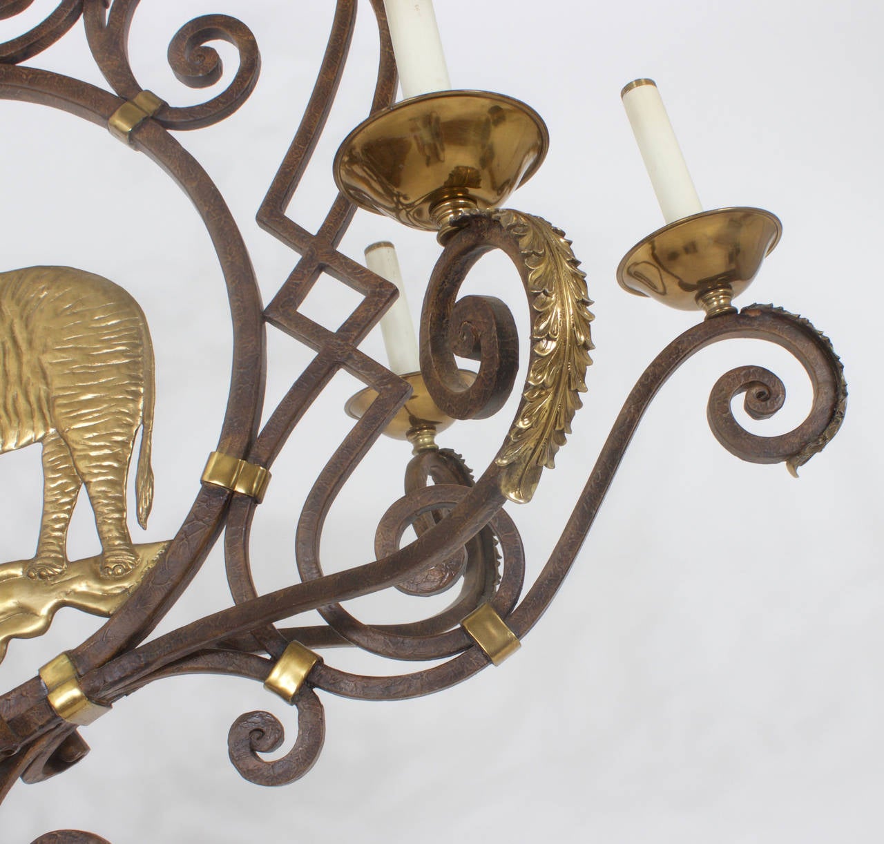Bespoke Iron and Brass Elephant Chandelier In Good Condition In Palm Beach, FL