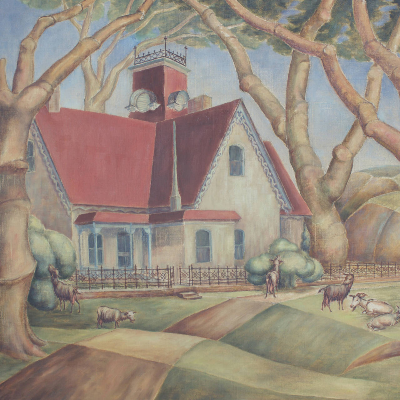 Stylized 1930s Art Deco oil on canvas. This painting has a tight well balanced composition of trees, farm animals and a Victorian house. Having earthy muted palette and presented in the original frame. Signed R H Hardesty 1935 on the lower left.