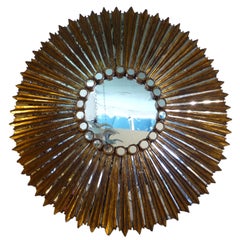 Large Round Sunburst Gilt and Carved Mirror