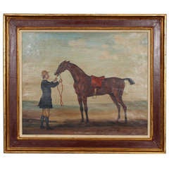 Antique Oil On Canvas Painting of Flying Childers and Jockey