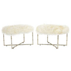 Pair of Mid-Century Faux Bamboo and Angora Benches