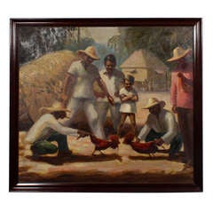 Mid Century Oil Painting of a Tropical Cock Fight Scene