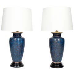 Pair of Vase Form Royal Blue Champleve Lamps