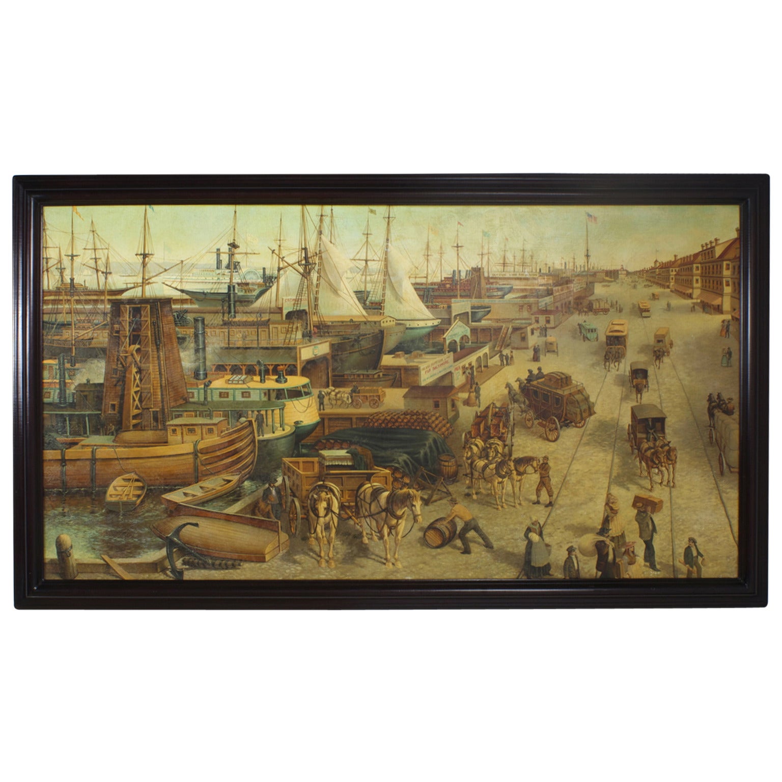 Large Painting of Harbor Bay Scene