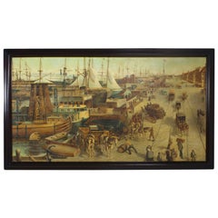 Vintage Large Painting of Harbor Bay Scene