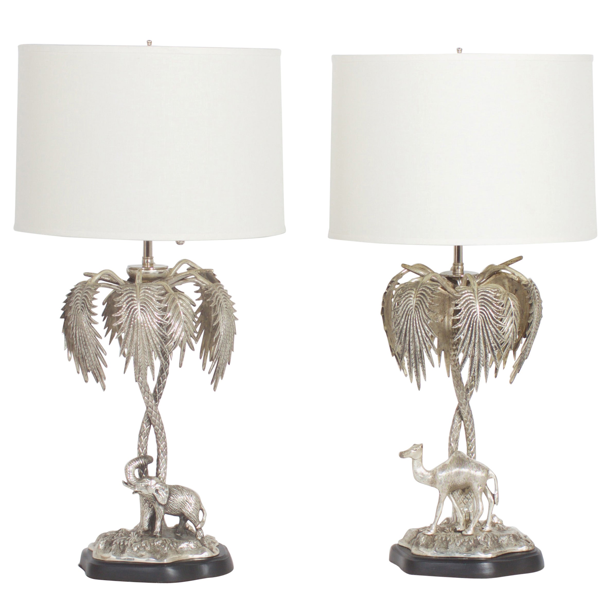 Pair of Silvered Metal Palm Tree Lamps with Camel and Elephant