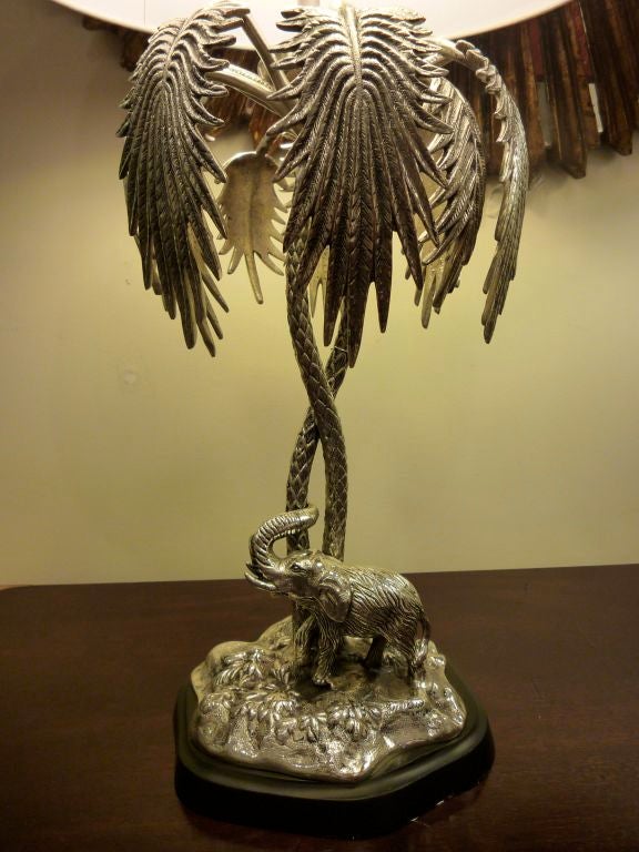 Lampe éléphant et palmier en métal argenté